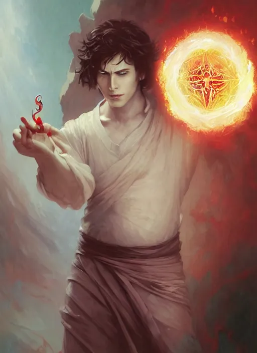 Image similar to character concept portrait of an attractive young angry Spanish wizard with red skin conjuring a portal spell, a floating iridescent spell book in the center, intricate, elegant, digital painting, concept art, smooth, sharp focus, illustration, from Metal Gear, by Ruan Jia and Mandy Jurgens and William-Adolphe Bouguereau, Artgerm