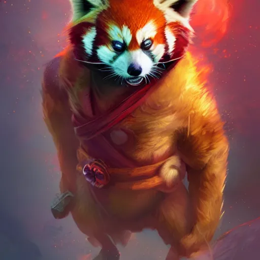 Image similar to red panda as dota 2 character, digital illustration portrait design, by android jones and greg rutkowski, retrowave color scheme, detailed, cinematic lighting, wide angle action dynamic portrait