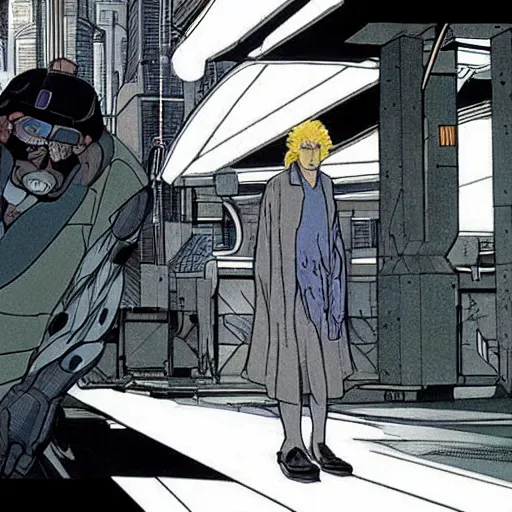 Image similar to Batou looking at camera in the style Ghost in the shell. Moebius, cyberpunk, masterpiece