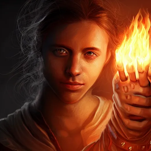 Prompt: a stunning portrait of a young human wizard, forming a burning hand spell, highly detailed digital art, 4 k trending on artstation