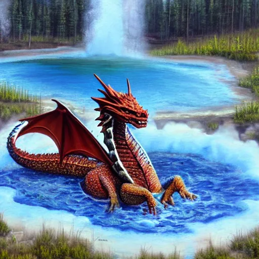 Image similar to dragon sitting in a hotspring at yellowstone national park, highly detailed oil painting, featured on artstation