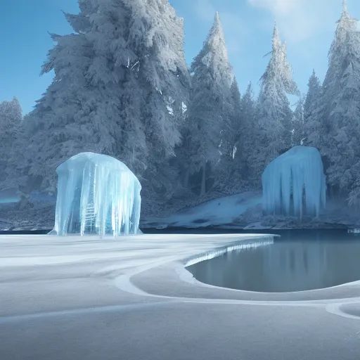 Prompt: magnificent ice formations and a lake, cinematic, unreal engine 5