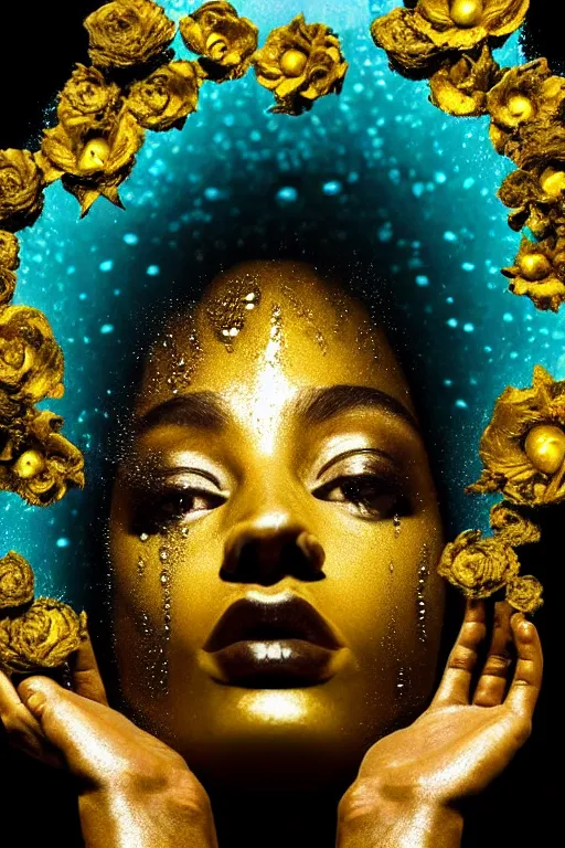 Image similar to hyperrealistic post - dada cinematic very expressive! profile black oshun goddess, head emerging from water, mirror dripping droplet!, gold flowers, highly detailed face, digital art masterpiece, smooth eric zener cam de leon, dynamic pearlescent teal light, low angle uhd 8 k, sharp focus