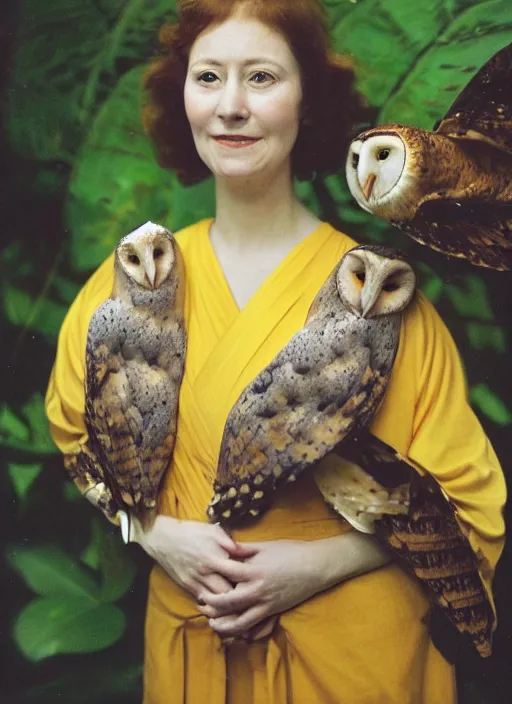 Prompt: head to shoulder portrait Polaroid film photograph of an elegant lovely woman wearing a yellow kimono with a very detailed barn owl on her shoulder!!! in a tropical greenhouse. looking at the camera!!. slight smile. super resolution. Extremely detailed. sitting inside a fountain. Pre - raphaelit .Polaroid 600 film.