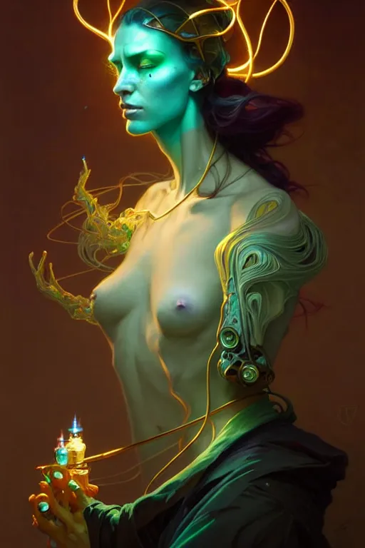 Image similar to portrait, bioluminescent druid, cyberpunk, elegant baroque, asymmetrical art, hyperrealism, colorful, vivid, imposing, epic, abstract texture, gold leaf texture, artstation, concept art, by peter mohrbacher and wlop and rhads and artgerm and magali villeneuve and alphonse mucha