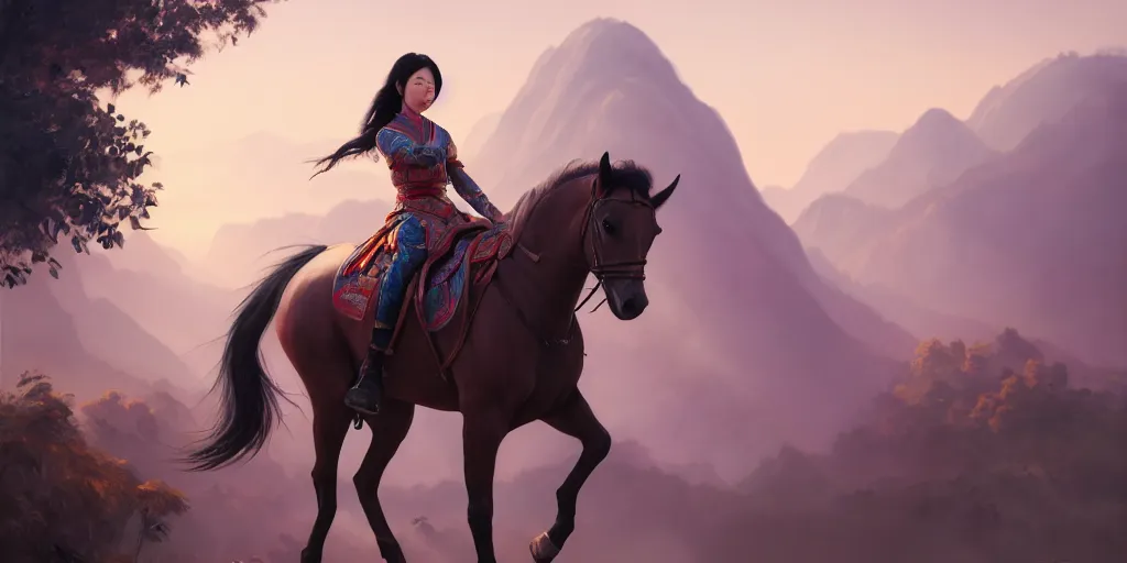 Image similar to painting of asian lady on horseback, hyper - realistic, unreal engine, octane render, digital art, trending on artstation, 8 k, detailed, atmospheric, immaculate