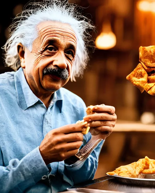 Prompt: A photo of Albert Einstein eating Samosas, highly detailed, trending on artstation, bokeh, 90mm, f/1.4