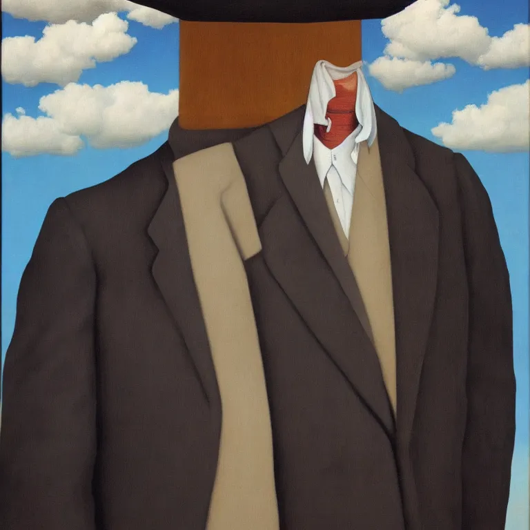 Prompt: portrait of man in a suit with clouds hiding his face by rene magritte, detailed painting, hd, hq, high resolution, high detail, 4 k, 8 k