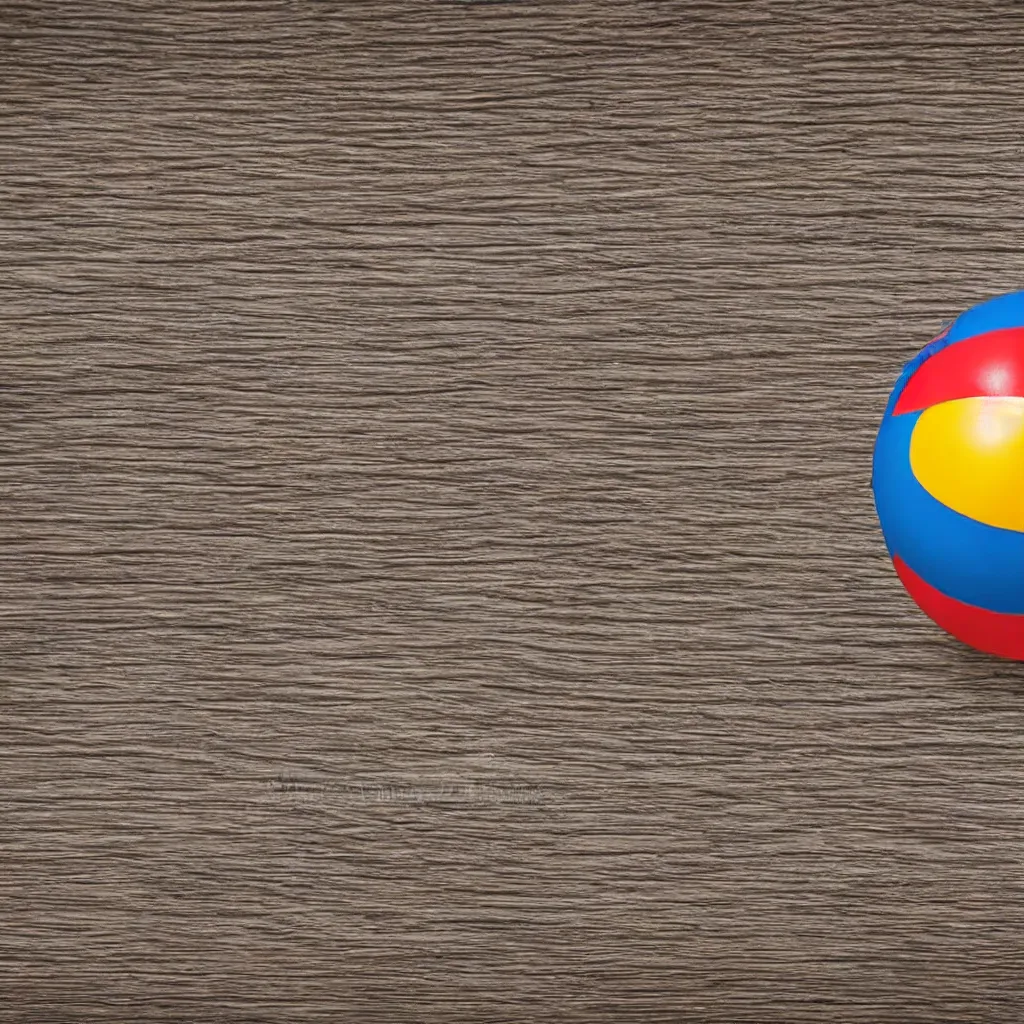 Image similar to close up of round beach ball on top of a wooden table, 8k, high detail, photorealistic, proper shading, stock photo