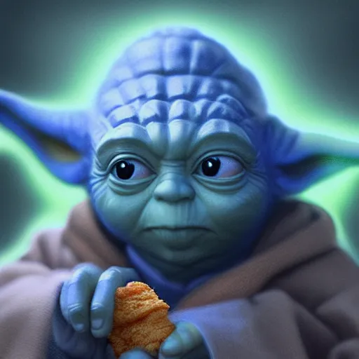 Image similar to Yoda eating blue cookies, hyperdetailed, artstation, cgsociety, 8k