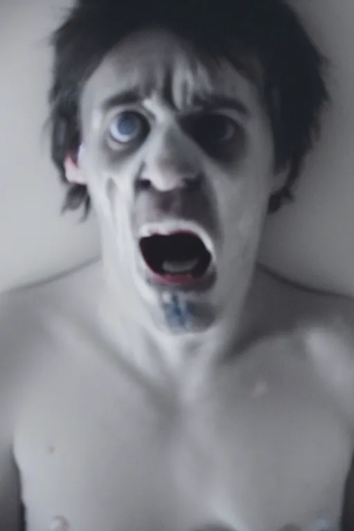 Image similar to a still shot portrait of a scary male drug addict ghost jumpscare to camera in a hotel room, horror