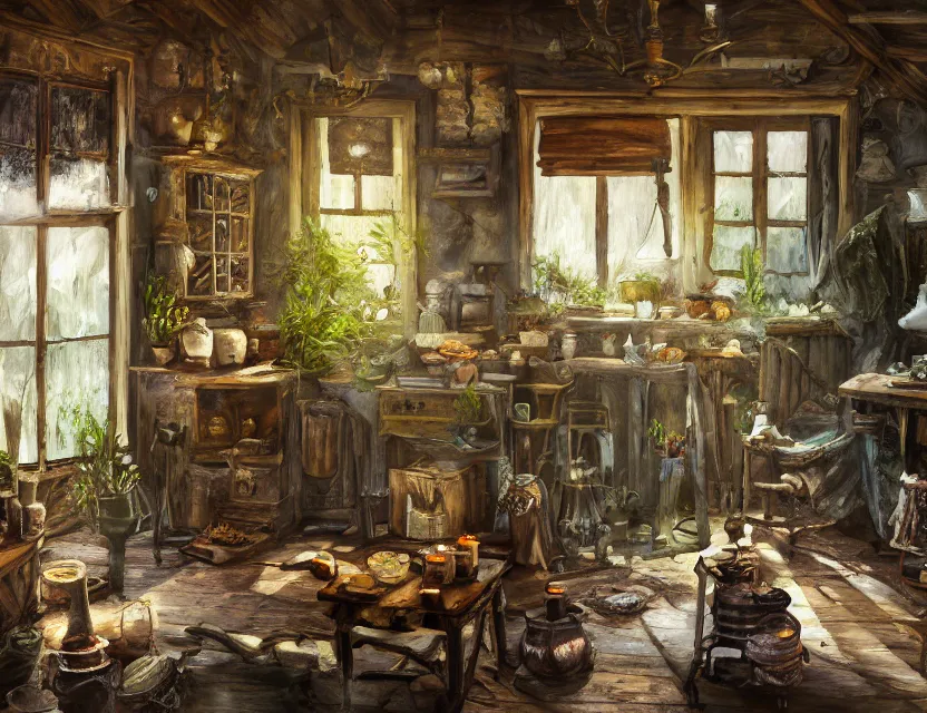 Image similar to expressive rustic oil painting, interior view of a [[cluttered]] herbalist cottage, waxy candles, burning herbs hazy, dried herbs, cabinets, wood furnishings, herbs hanging, wood chair, light bloom, dust, ambient occlusion, morning, rays of light coming through windows, dim lighting, brush strokes oil painting