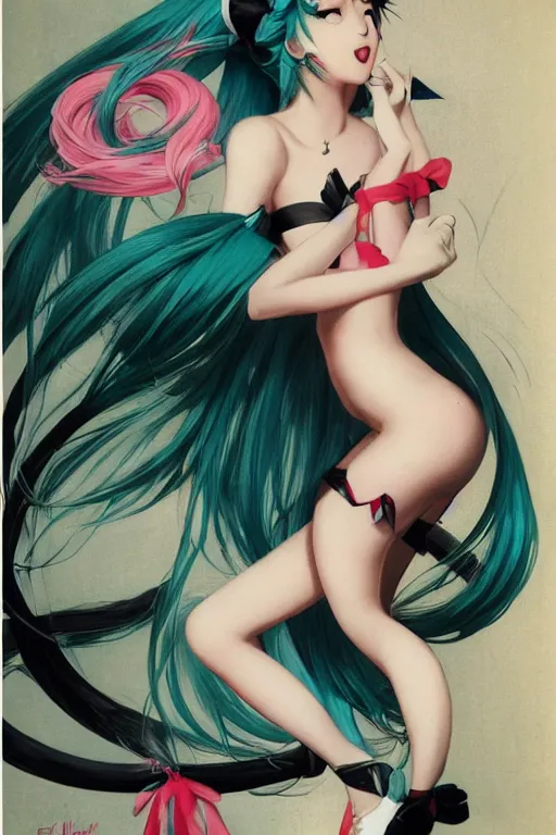 Image similar to hatsune Miku by Gil Elvgren and Enoch Bolle