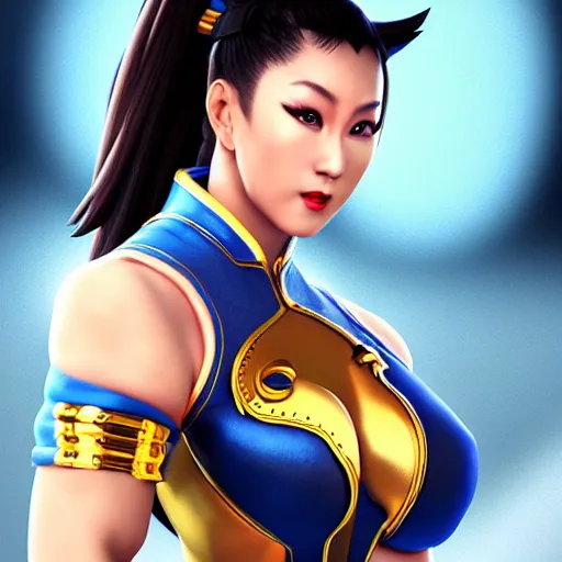 Image similar to Chun-Li ready to fight, full body shot, fantasy, medieval, beautiful face, vivid colors, elegant, concept art, sharp focus, digital art, Hyper-realistic, 4K, Unreal Engine, Highly Detailed, HD, Dramatic Lighting by Brom, trending on Artstation