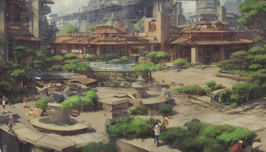 Image similar to “ craig mullins and studio ghibli illustration of 1 9 8 0 s shopping mall, lush landscape, 1 9 8 0 s pop culture landscape, big fountains, unreal engine, hyper realism, realistic shading, cinematic composition, realistic render, octane render, detailed textures, photorealistic, wide shot ”