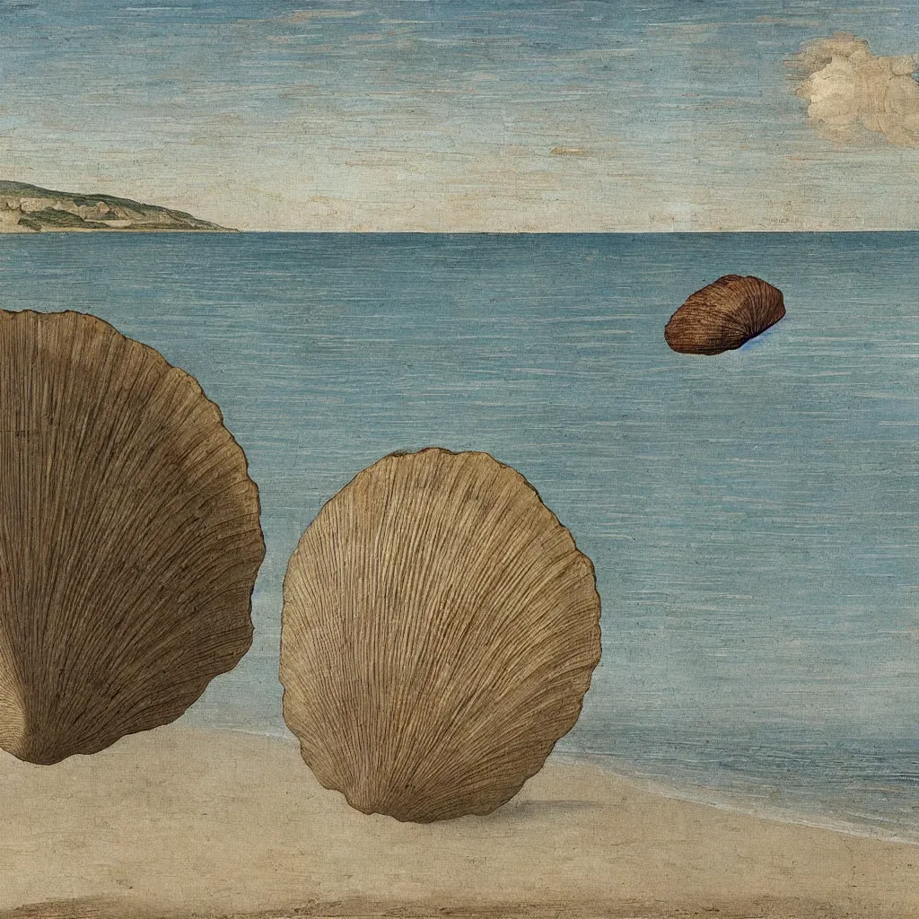 Image similar to a painting of an empty beach with a giant open shell in the sand, by botticelli