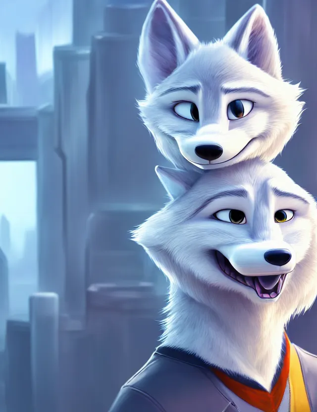 Image similar to portrait of cute male anthropomorphic white wolf in the style of zootopia in cyberpunk city, volumetric light, artstation, concept art, 8 k, high detail, perfect