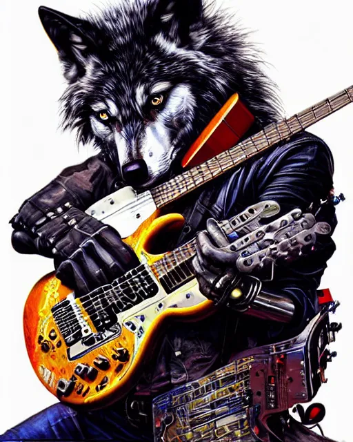 Image similar to a portrait of an anthropomorphic cyberpunk wolf shredding an electric guitar by sandra chevrier, by jon foster, detailed render, tape deck, epic composition, cybernetics, 4 k realistic, cryengine, realistic shaded lighting, sharp focus, masterpiece, by enki bilal