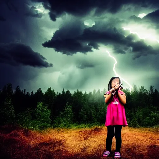 Prompt: young girl playing flute, birch forest clearing, storm at night, lightning dragons race down toward her, low angle facing sky, cinematic, dramatic lighting, big storm clouds, high contrast