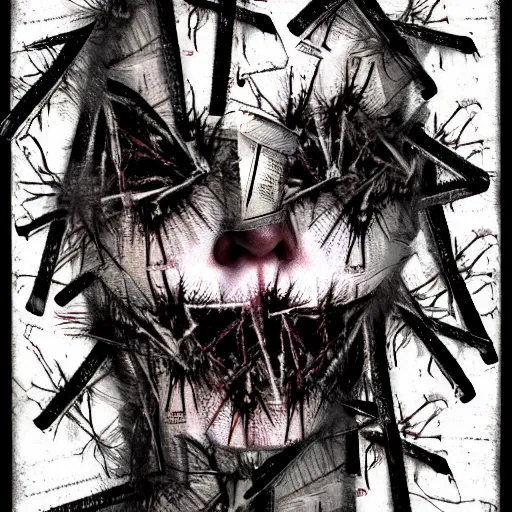 Image similar to multiple faces shredded like paper news, dark horror, surreal, drawing, painting,