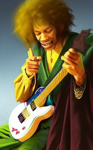 Image similar to character concept portrait of Jimmy Hendrix as wizard enchanting a music rune, a floating guitar in the center, embroidered gold-green robes, intricate, elegant, digital painting, concept art, smooth, sharp focus, illustration, from Metal Gear, by Ruan Jia and Mandy Jurgens and William-Adolphe Bouguereau, Artgerm