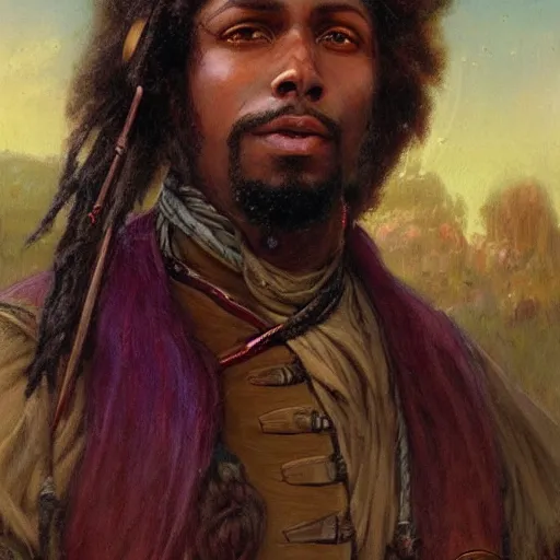 Prompt: a medieval hunter with african ethnicity and dreadlocks, plum color scheme, fantasy character portrait by gaston bussiere