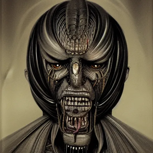 Prompt: surreal portrait of a man by Greg Rutkowski and H.R Giger, symmetrical face, biomechanical transhuman god, disturbing, terrifying but fascinating, with a determined and sinister expression on his face, cosmic void background, frightening, fascinating, highly detailed portrait, digital painting, book cover, artstation, concept art, smooth, sharp foccus ilustration, Artstation HQ