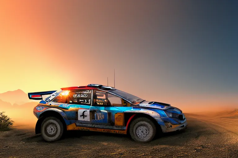 Image similar to far away rally car on the dirt road silhouette, extremely detailed digital art, sunset, gradient photorealistic, 8k