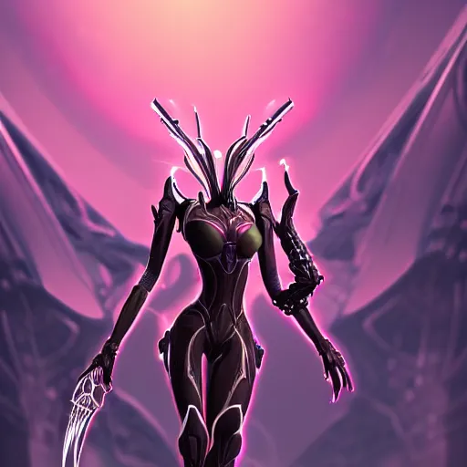 Image similar to ant pov from the floor, looking up, at a highly detailed, exquisite and beautiful giant female warframe, standing elegantly, shining reflective off-white plated armor, slick elegant design, bright Fuchsia skin, sharp claws, close full body shot, epic cinematic shot, realistic, professional digital art, high end digital art, DeviantArt, artstation, Furaffinity, 8k HD render, epic lighting, depth of field