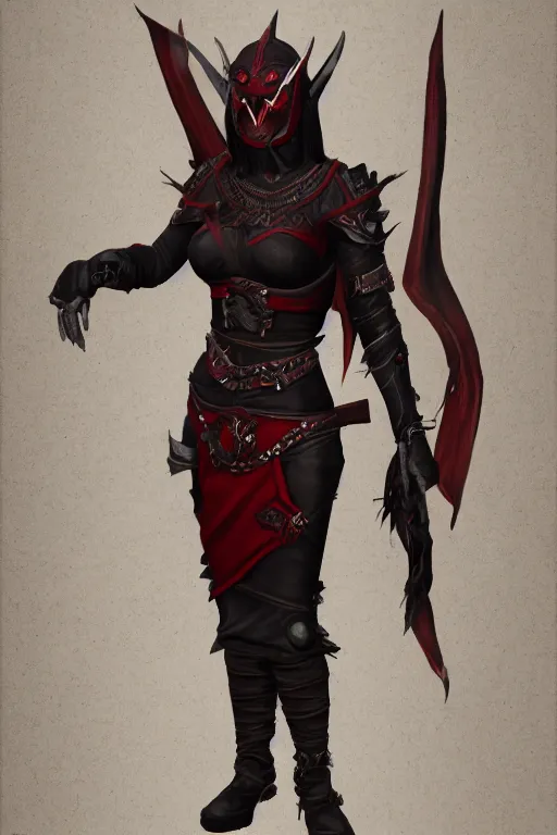 Prompt: female adventurer in tight full - body ebony leather armor of dunmer design with dark red cloth underneath and with a red porcelain crow mask, trending in artstation, establishing shot