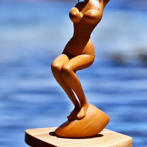 Image similar to wooden sculpture of a blonde lady in a bikini cooking sardines, polished maple, thoughtful, elegant, real