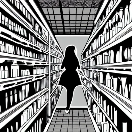 Image similar to storybook illustration of a woman in a supermarket trying to reach for something on the top shelf, storybook illustration, monochromatic