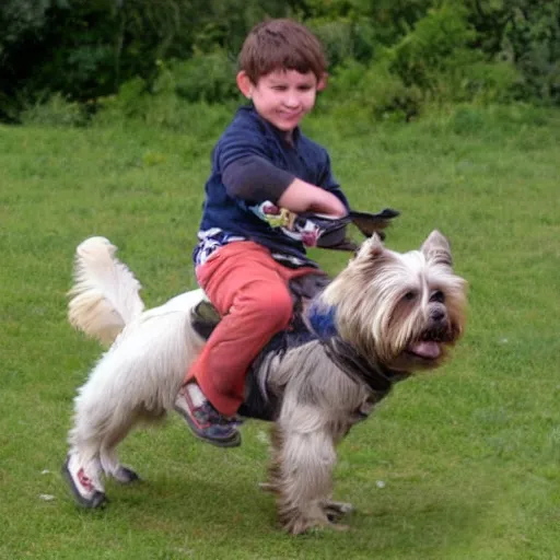 Prompt: a photo of a boy riding on a fat flying cairn terrier