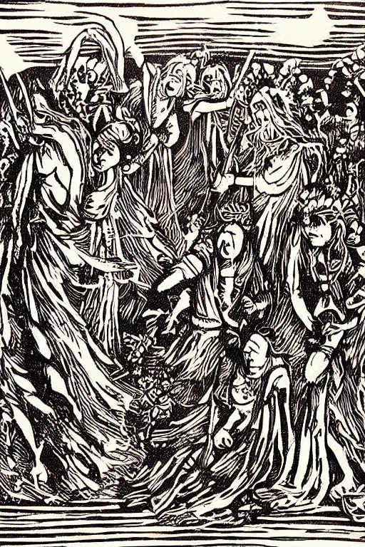 Image similar to a beautiful woodcut print of walpurgisnacht, 8 k, by vladimir zimikov