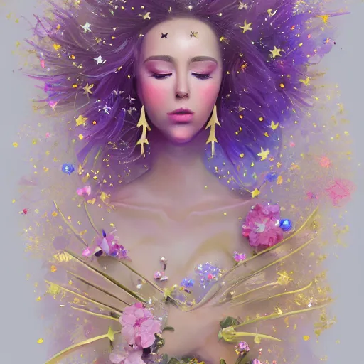 Image similar to man made of beautiful flowers and stars. fantasy art. trending on artstation. 4 k. pastel. golden foil. elegant