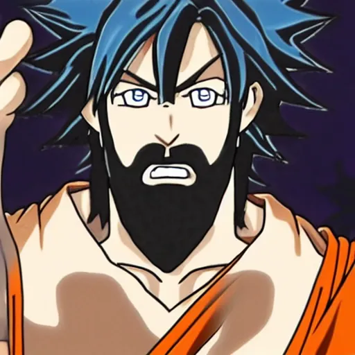 Prompt: anime drawing of jesus with a beard a white robe, goku fighting jesus