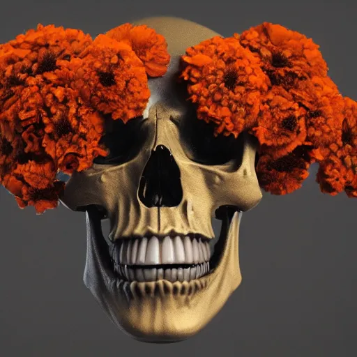 Image similar to skulls and marigold, intricate artwork by Tooth Wu and wlop and beeple. octane render, trending on artstation, greg rutkowski very coherent symmetrical artwork. cinematic, hyper realism, high detail, octane render, 8k, orange and black tones