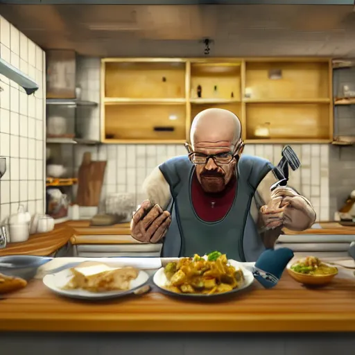 Image similar to Walter white eating chicken in a kitchen, award winning, trending on artstation, unreal engine