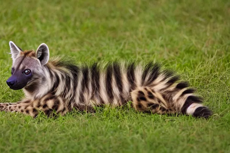 Image similar to striped hyena laying in between the green in savannah, sunset, zoomed out, birds - eye - view