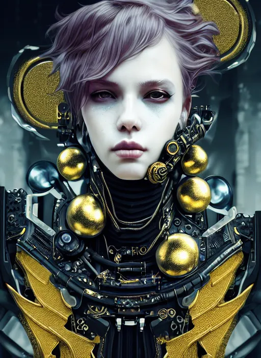 Image similar to soft lustrous hard tech ebony ivory biotech raver gutter punk cyborg bioweapon, golden ratio, details, sci - fi, dark fantasy, cyberpunk, intricate, decadent, ornate, highly detailed, digital painting, octane render, 8 k, artstation, concept art, smooth, sharp focus, illustration, art by artgerm, loish, wlop