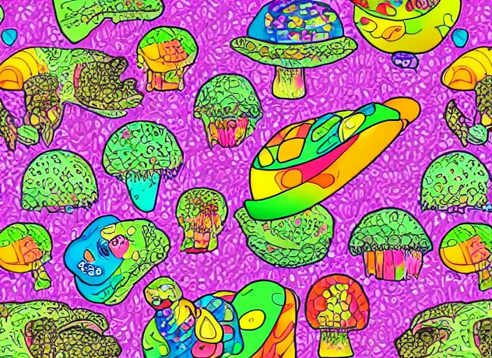 Image similar to 🌈🍄🐢🌿, lowbrow, in the style of lisa frank,