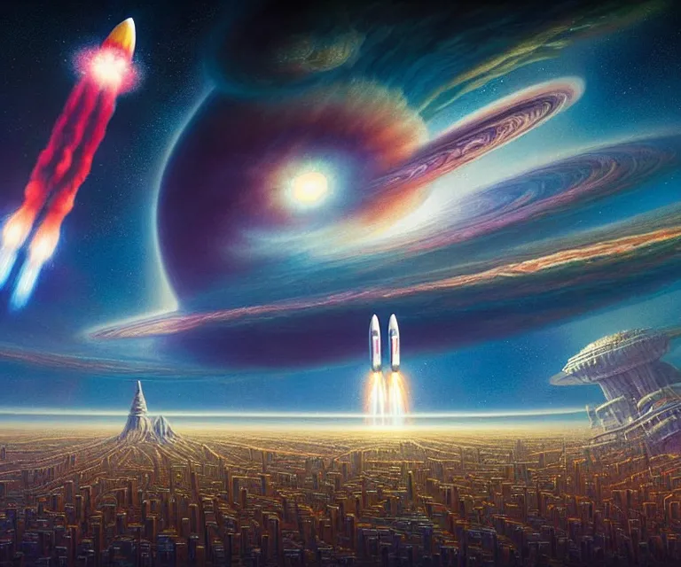 Image similar to hyper detailed 3d render like a Oil painting - crowds cheer at a spaceport on a beautiful faraway planet as a rocket blasts off, large gas giant in the dramatic nebula-filled alien sky, retrofuturistic science fiction vibe, by Jacek Yerka, Mariusz Lewandowski, Houdini algorithmic generative render, Abstract brush strokes, Masterpiece, Edward Hopper and James Gilleard, Zdzislaw Beksinski, Mark Ryden, Wolfgang Lettl, hints of Yayoi Kasuma, octane render, 8k, wide angle shot