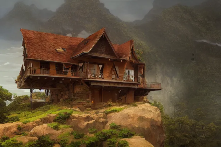 Image similar to lovely a - frame home sits atop a broad cliff, overlooking the entirety of the blue sky, digital painting by greg rutkowski and gaston bussiere, zbrush, cgsociety contest winner, comprehensive art, intricate, landscape photography, brightly radiant atmosphere, overcast sky, homogeneous to hawaii, 4 k, 8 k