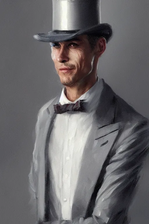 Image similar to a young man grey hair with stubble top hat and suit by Greg Rutkowski, painting, portrait, high details, trending on artstation