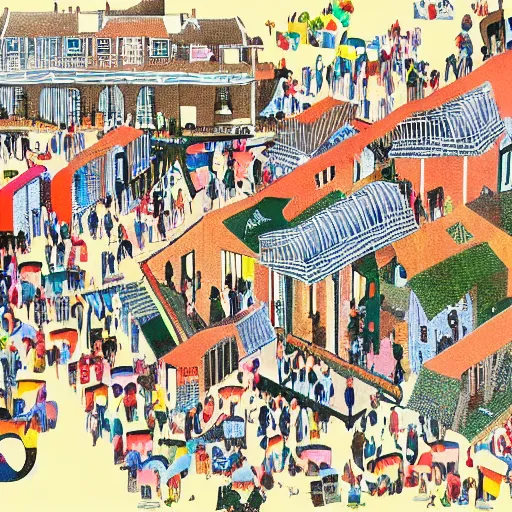 Image similar to 1960s illustration of a town in a valley with people gathered in a town square, aerial view, sunrise, peppermint motif, collage in the style of Klaus Voormann, high quality