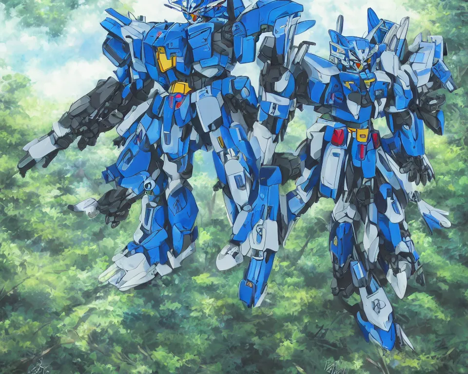 Image similar to An Azure gundam in a forest landscape, wolf armor, highly detailed, mobile suit, GUNDAM, mecha, sci-fi, illustration, trending on artstation, Pixiv, HD