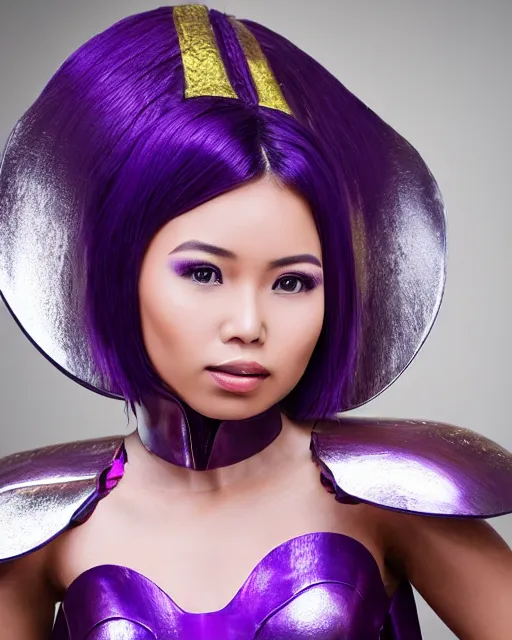 Image similar to a beautiful indonesian woman with a pixie like hairdo and elf ears wears a purple futuristic armored superhero costume, photorealistic