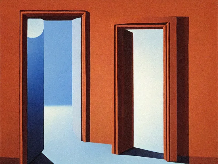 Prompt: an open door to infinity in brick wall with endless hallway inside the door, painting by rene magritte, centered, high detail!!!, high resolution!!!