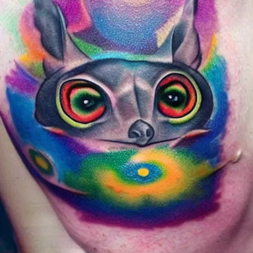 Prompt: shoulder tattoo of a multicolored trippy bushbaby with rainbow colored spiral eyes, surrounded with a ring of colorful shrooms, insanely integrate