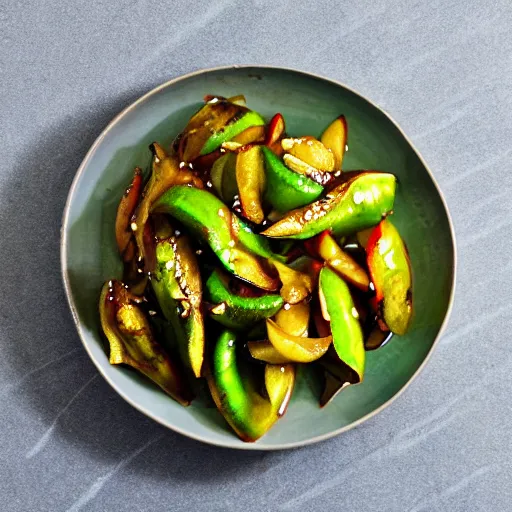 Prompt: Stir fried bitter gourd with apple